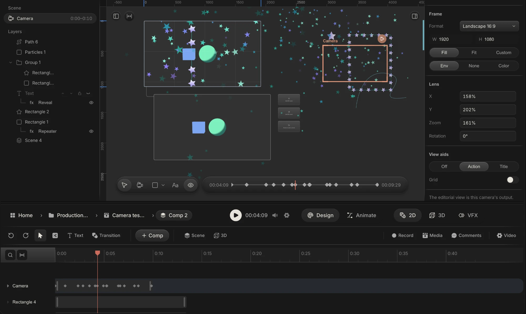 Spring Pro 2D composition: layers, a camera, keyframes and the design panel
